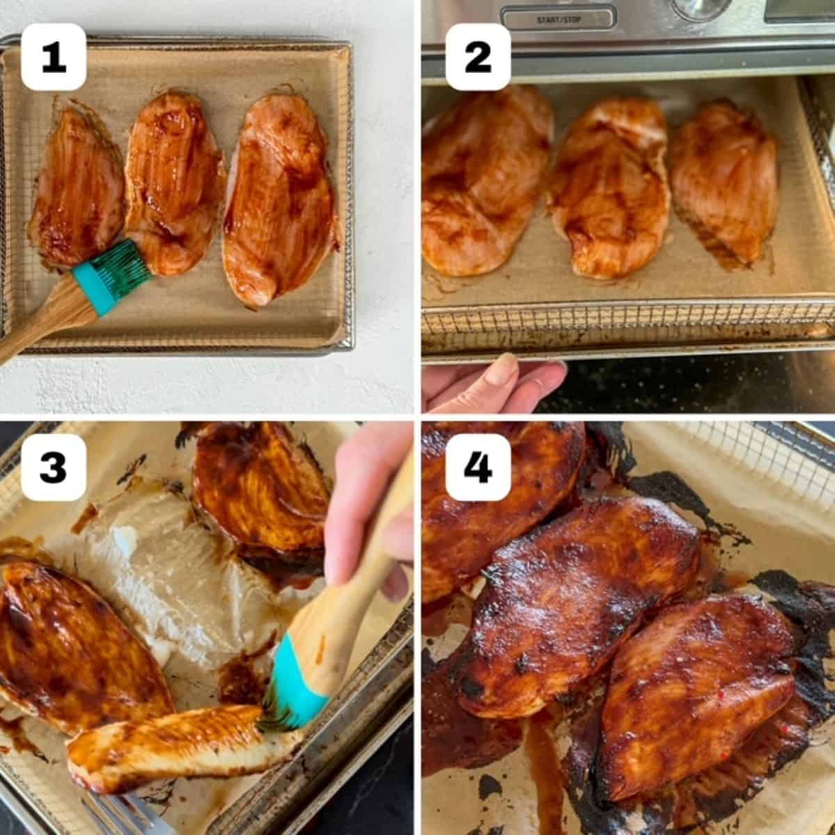 Four numbered images showing how to make barbecue chicken in an air fryer.