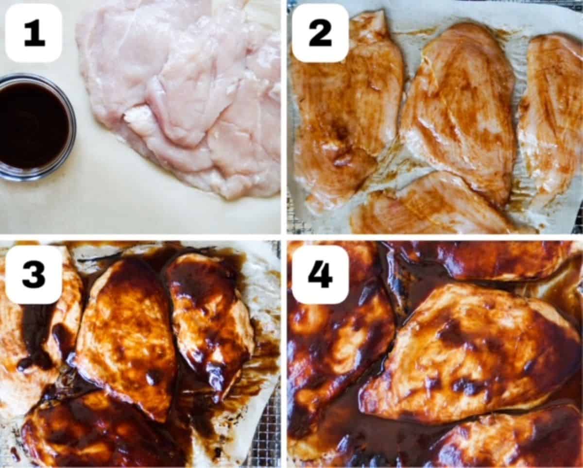 Photo collage with four numbered images: raw chicken and barbecue sauce, four chicken pieces with a light layer of BBQ sauce partially cooked chicken pieces with a thick layer of BBQ sauce, and fully cooked air fried BBQ chicken.
