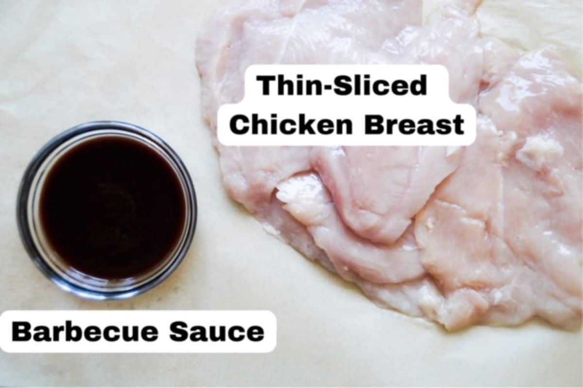 Barbecue sauce in a small glass dish and uncooked thin sliced chicken breasts, labeled.