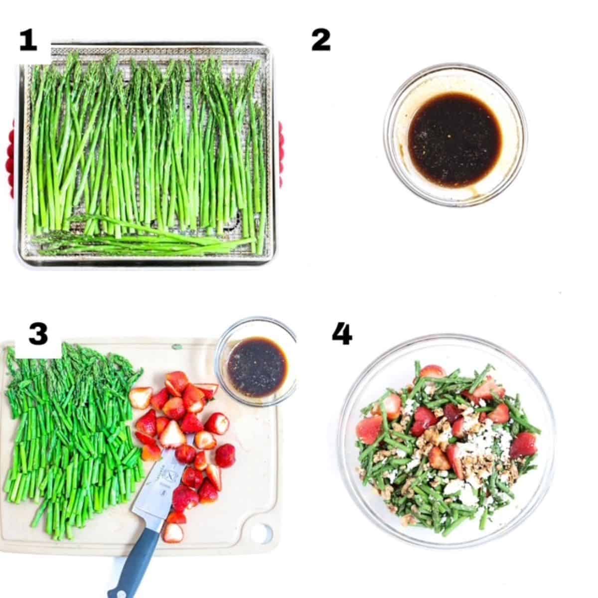 Four numbered images showing how to make cold asparagus salad with fresh strawberries.