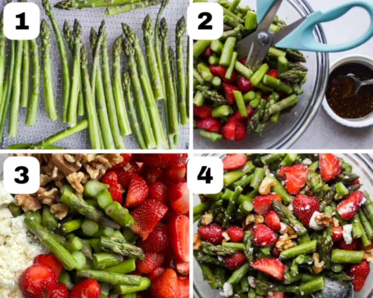 Four process shots numbered in a collage format: air fried asparagus, cut asparagus and strawberries in a glass bowl with kichen shears and a side of dressing, all ingredients except dressing in a glass bowl, and all ingredients in a glass bowl before being tossed.