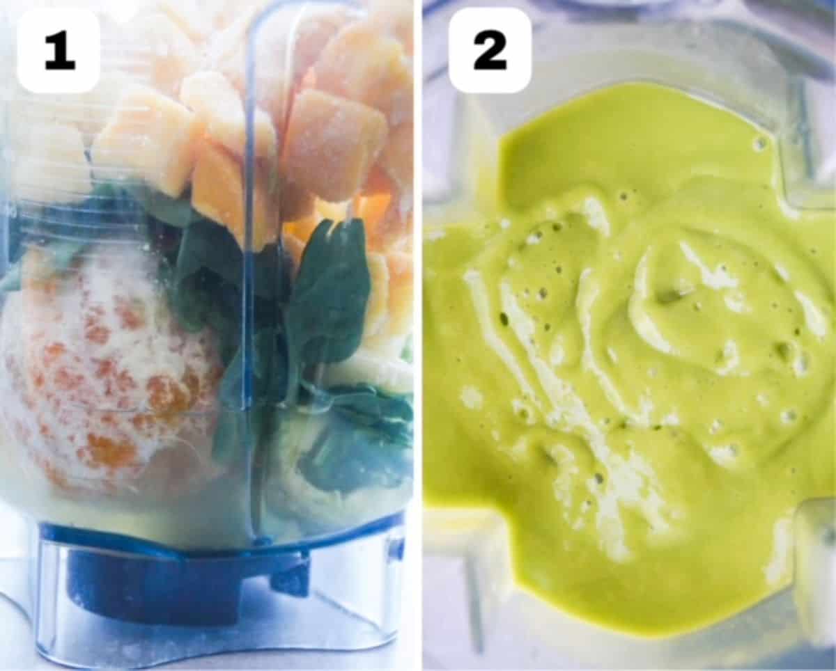 Two side-by-side-images. All smoothie ingredients in a Vitamix blender in the left image and the smooth and creamy smoothie in the blender before it is served.