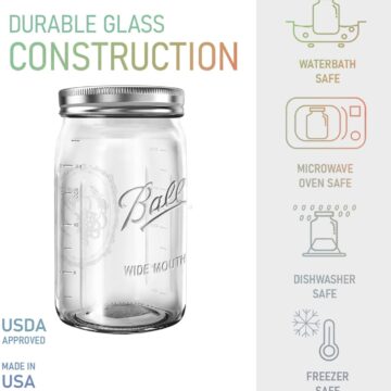 Image of a quart sized mason jar from amazon.com with words "Durable Glass Construction" above the jar and images to the right showing that it is dishwasher, freezer, microwave, and water bath safe.