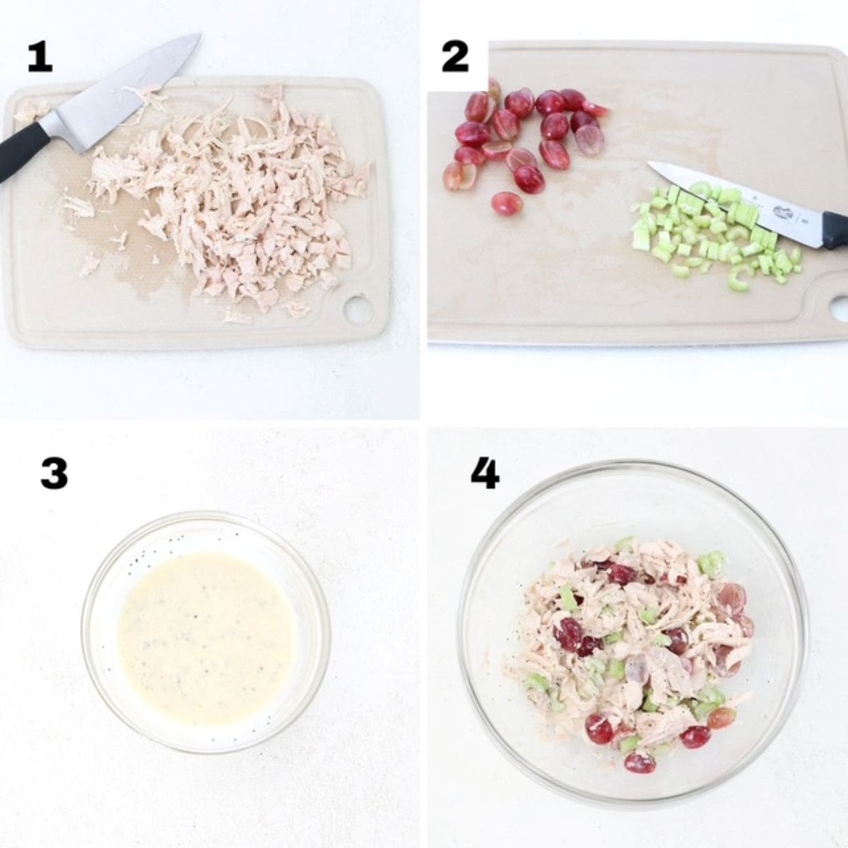 Four numbered images showing how to make chicken salad with grapes and celery.