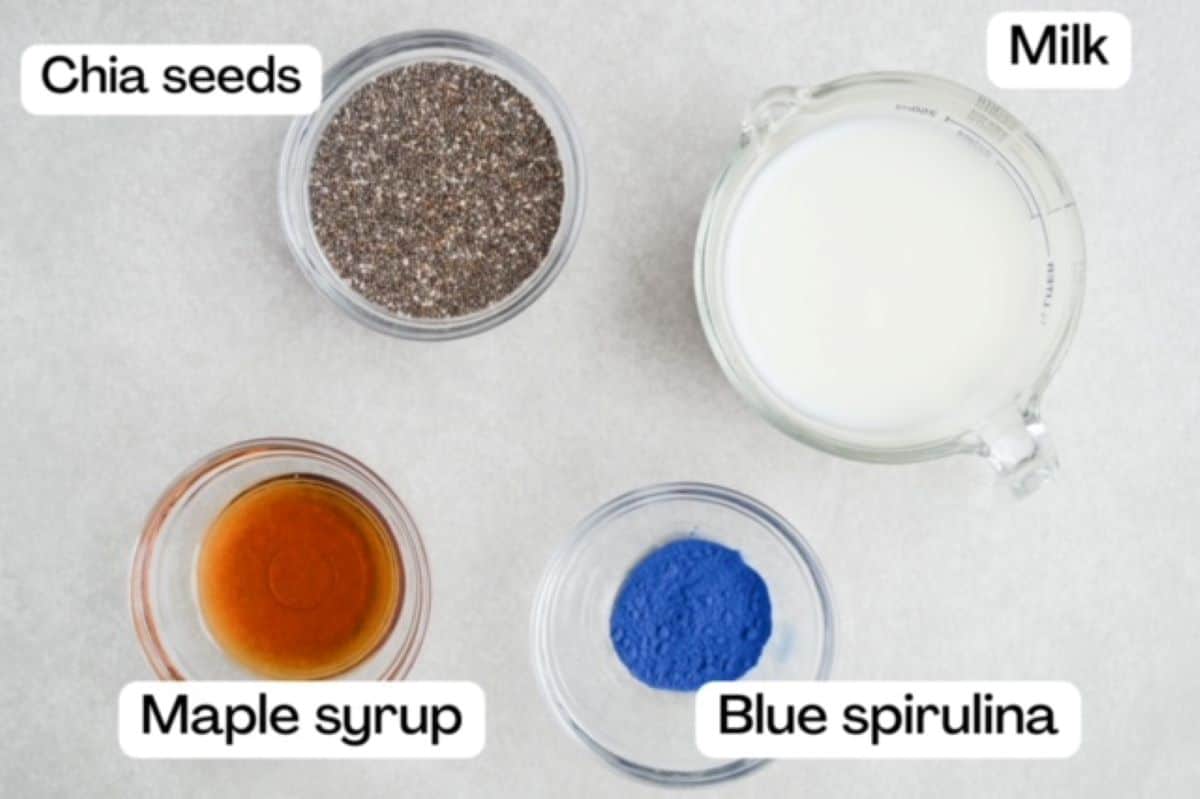 Four ingredients in individual glass dishes labeled: chia seeds, maple syrup, blue spirulina, and milk.
