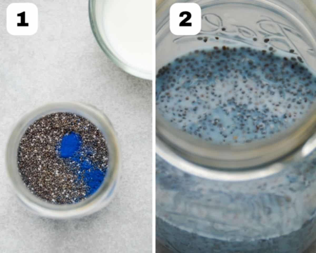 Two side-by-side images. The one on the left is a view from the top looking down into a mason jar with all of the dry ingredients for blue chia pudidng. The image to the right shows all ingredients mixed together before blueberries are added.