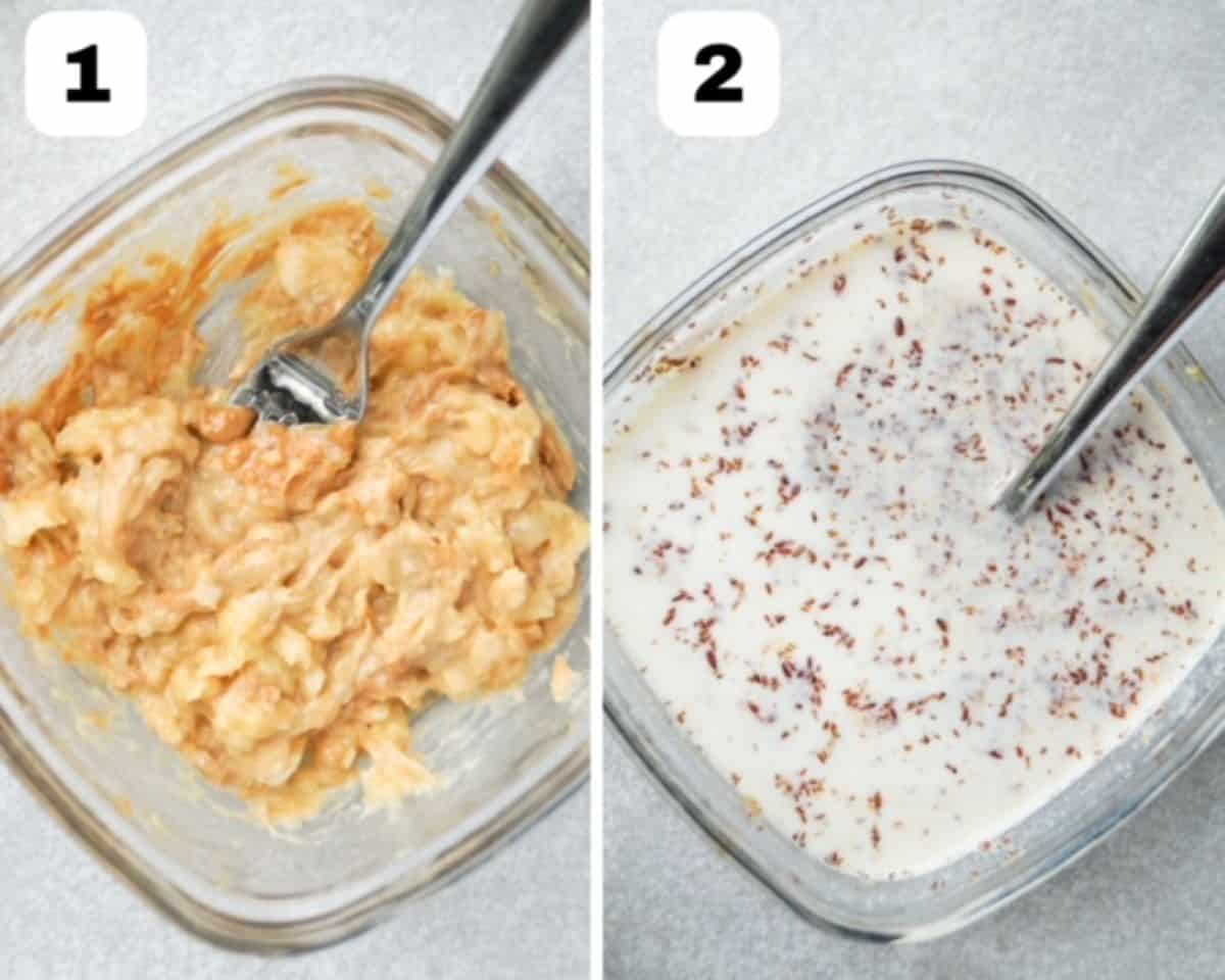 Two side-by-side process shots. The image to the left shows peanut butter and banana being mashed together with a fork in a glass bowl. The image on the right shows all ingredients mixed together in a small glass bowl.
