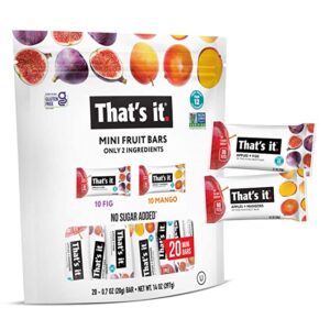 One package of That's It Mini Fruit Bars with two mini bars pictured to the right of the bag. Image taken from amazon.com.