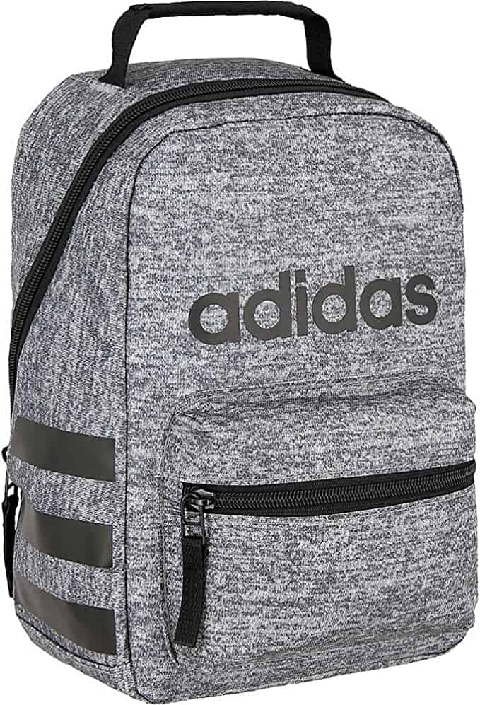One grey Adidas unisex adult insulated lunch bag (grey with black zippers, handle and stripes on the side). Image taken from amazon.com.