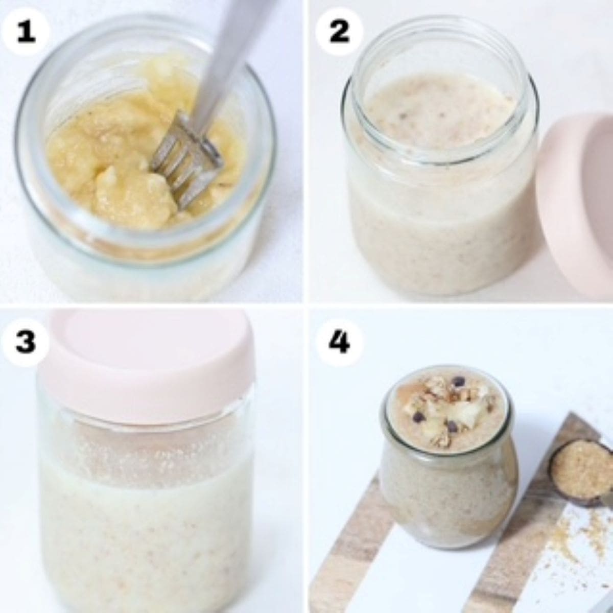Four numbered images showing how to make flaxseed pudding.