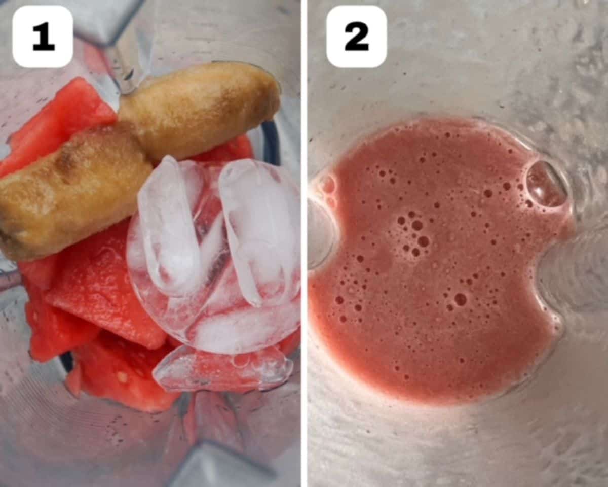 Two process shots pictured side-by-side: watermelon, frozen banana, and ice in the left image and finished watermelon banana smoothie in the bottom of a Vitamix blender in the image to the right.