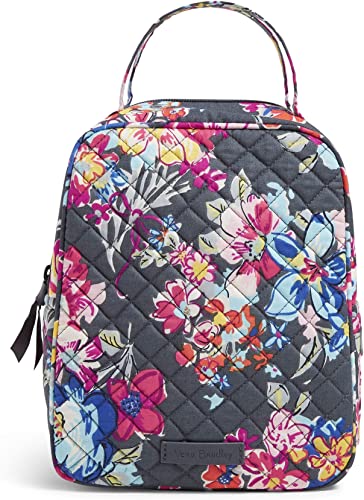 Vera Bradley cotton lunch bag, dark grey background with a floral pattern. Image taken from amazon.com.