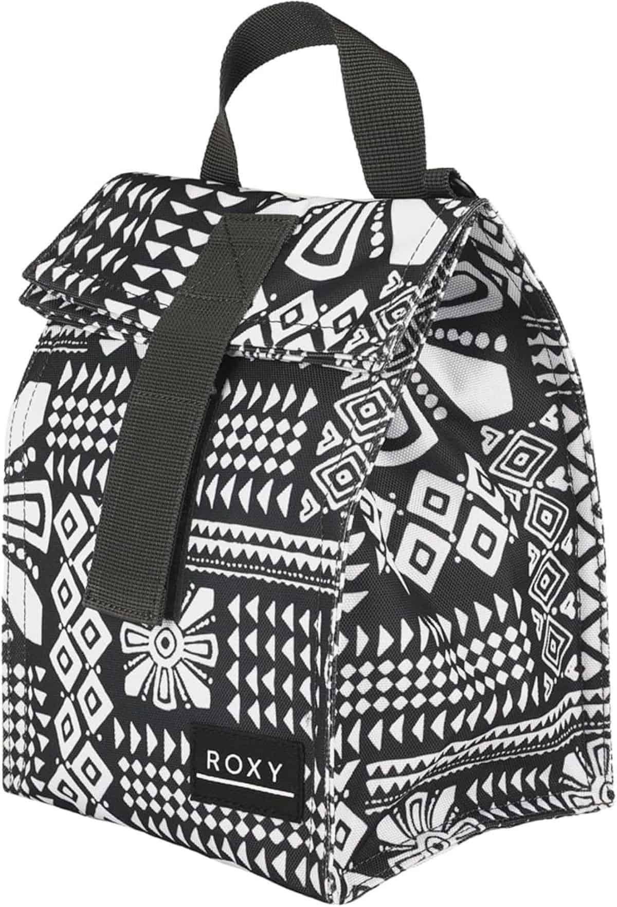 One Roxy brand insulated lunch bag with a brown and white print.