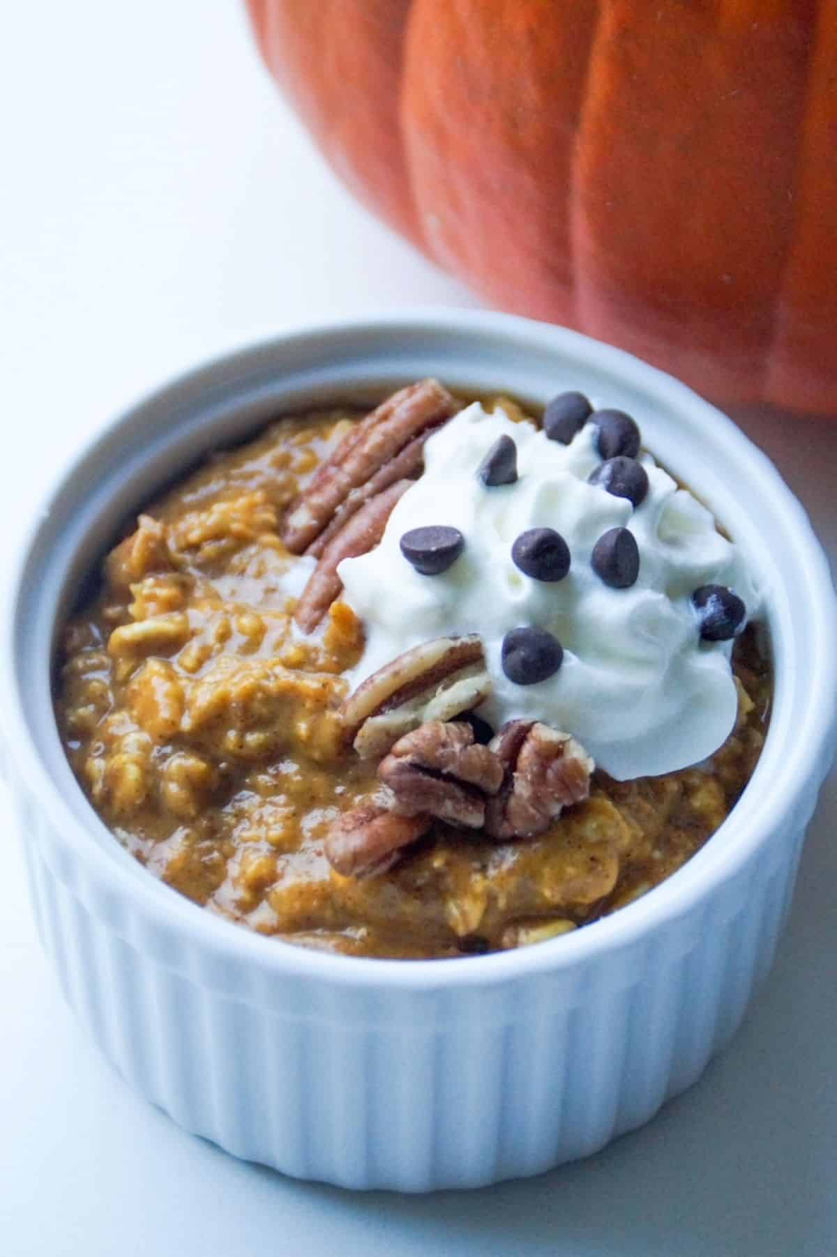 Pumpkin Overnight Oats in a small white ramekin topped with whipped cream and mini chocolate chips. One pumpkin is in the background.