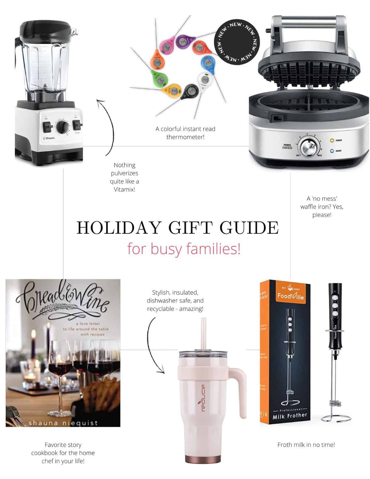 Holiday Gift Guide highlighting six products. From top left to right are a white Vitamix blender, a circle of ThermoPop instant read digital thermometers, and a waffle iron. On the bottom from left to right is a 'Bread and Wine' story cookbook, a light pink Reduce insulated tumbler with a matching straw, and a rechargable milk frother. 