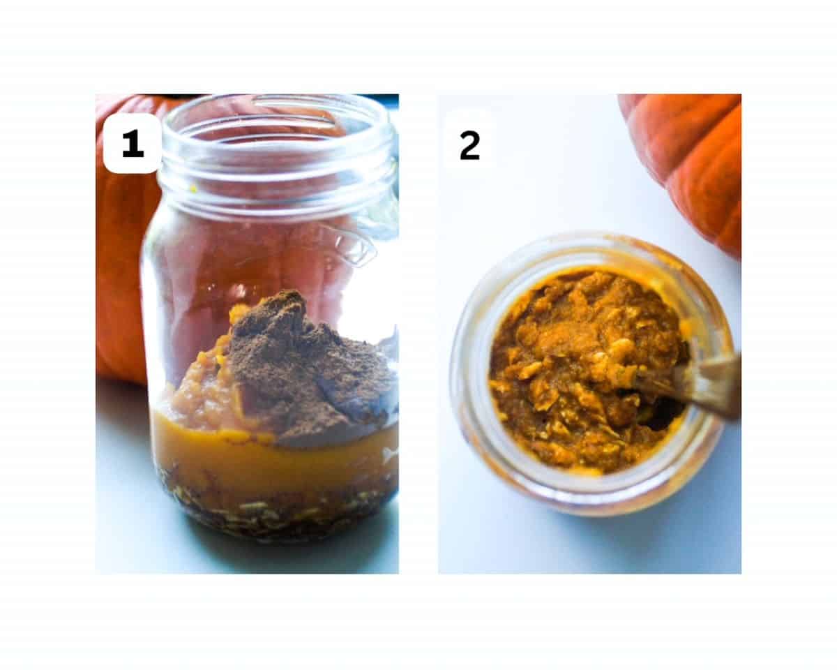 Two images side-by-side and labeled as process shots: all ingredients for pumpkin overnight oats layered in a glass jar to the right and the top view of a glass jar with pumpkin overnight oats being mixed with a spoon to the right.