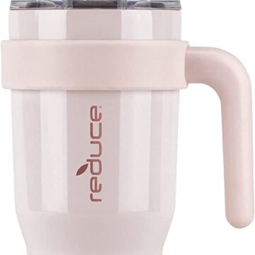 One light pink Reduce tumbler with handle. Light pink straw is coming up from the center.