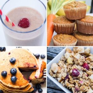 Collage with four photos. Top left: strawberry banana smoothie in a glass with a red and white straw and topped with a frozen strawberry. Top right: five carrot muffins stacked with a fresh carrot to the left. Bottom left: a stack of blueberry pancakes topped with fresh blueberries with a piece being cut out of the stack with a fork. Bottom right: Apple oatmeal bake with cranberries in a white square bowl (the left two-thirds of the bowl is shown).
