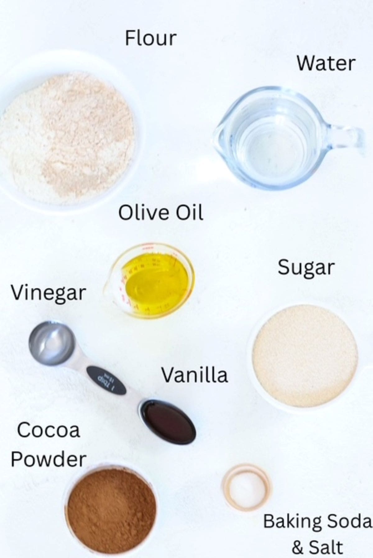 Moist chocolate cupcake recipe ingredients, labeled.