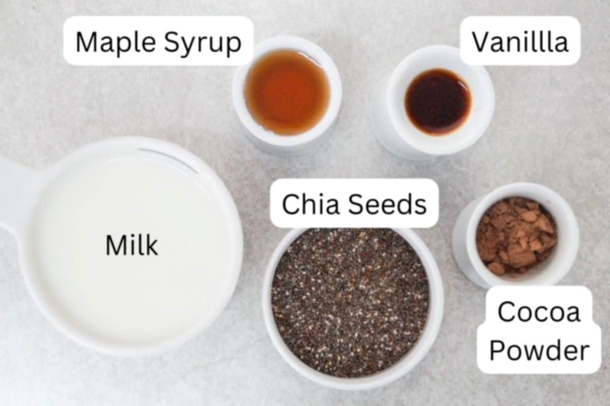 Milk in a white measuring cup, (labeled), maple syrup in a small white dish, (labeled), vanilla in a small white dish (labeled), chia seeds in a white bowl (labeled), and cocoa powder in a small white dish (labeled).