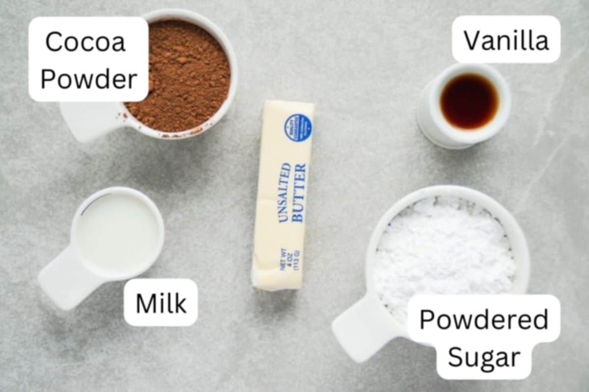 Cocoa powder, milk, vanilla, and powdered sugar in individual small white measuring cups and labeled. One stick of unsalted butter in the wrapper is in the center.