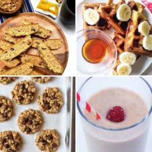 Top left: several pieces of biscotti on a round wooden platter with a bag of California Walnuts. Top right: Four quarters of a round waffle overlapping on a white plate and topped with banana slices; a small glass bowl with maple syrup is on the plate. Bottom left: Banana oat chocolate chip cookies on a sheetpan lined with parchment paper. Bottom right: Top view of a strawberry banana smoothie topped with one frozen strawberry in a glass with a red and white striped straw.