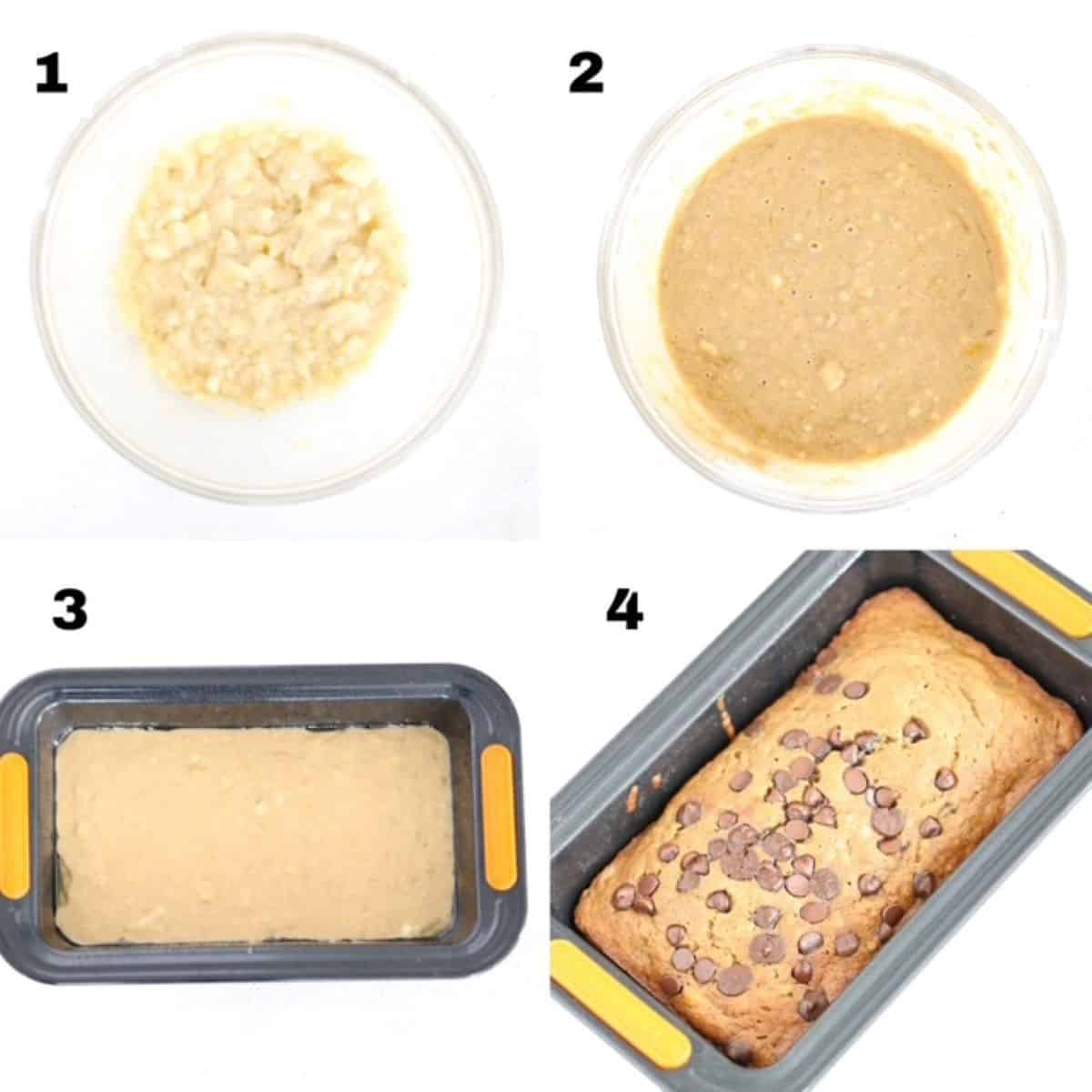Four numbered images showing how to make banana bread.