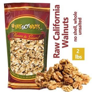 One 2-pound bag of Walnuts (We Got Nuts brand) with walnuts to the right and "Raw California Walnuts no shell, whole. Unsalted" to the right.