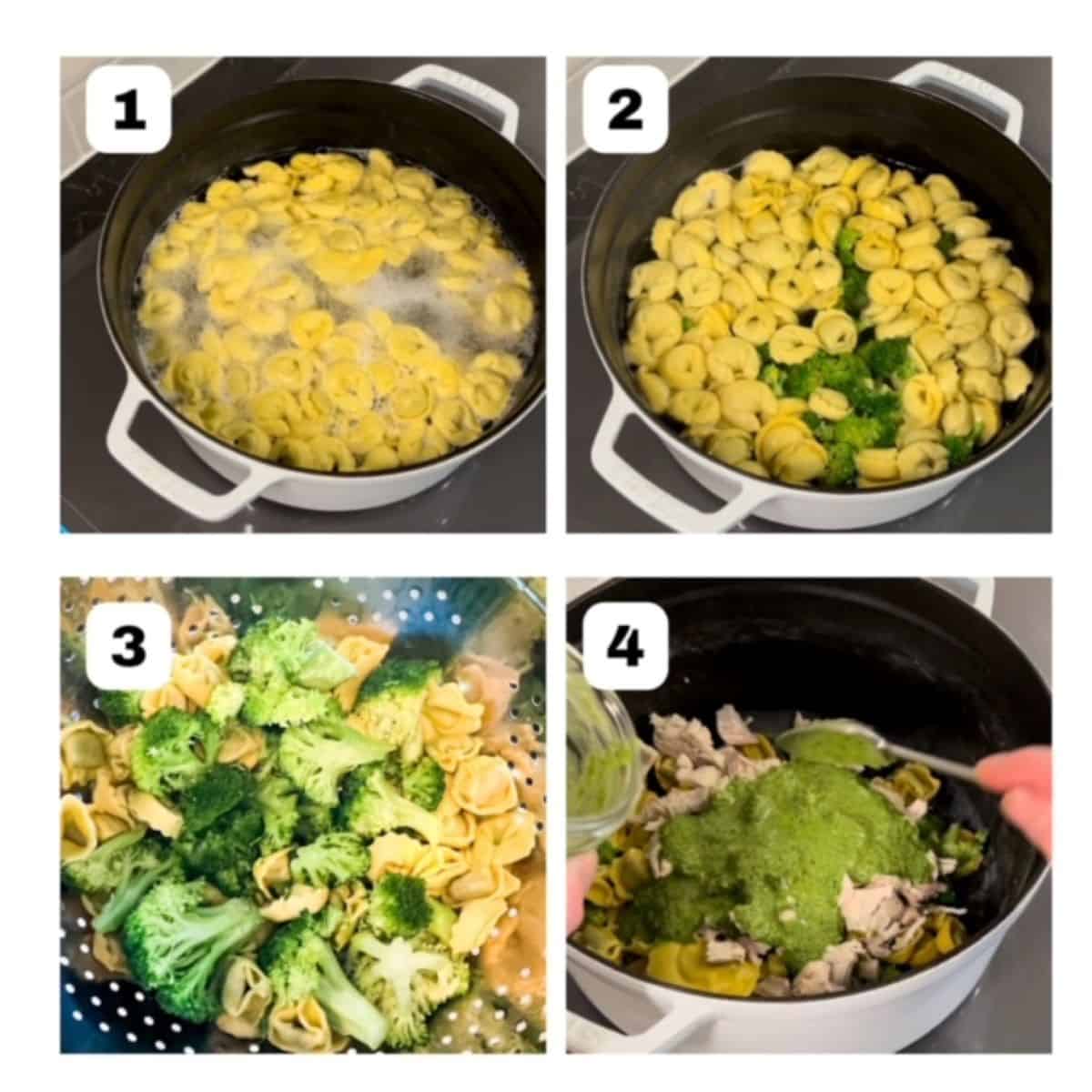 Four process shots, numbered: tortellini boiling in water, broccoli added to the tortellini in water, tortellini and broccoli in a strainer, tortellini, broccoli, and chicken topped with pesto. 