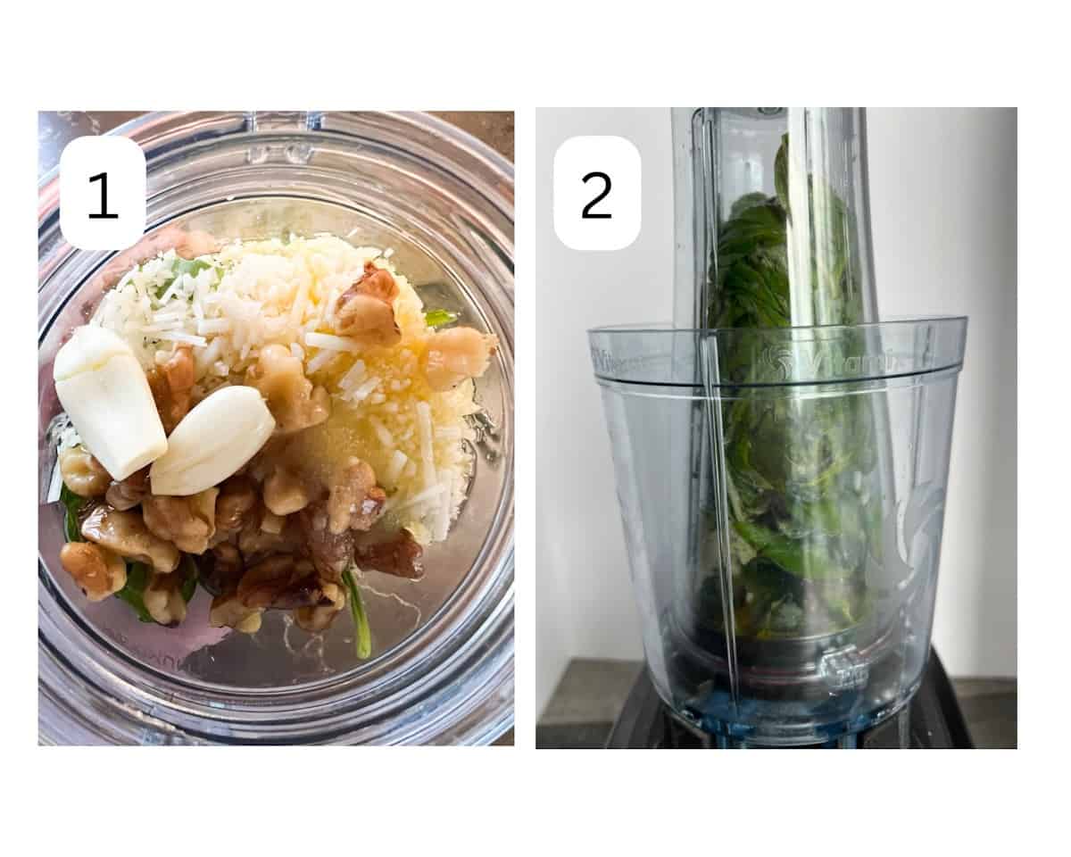 Two side-by-side-process shot photos: top view of basil leaves, parmesan cheese, garlic cloves, walnut, water, and olive oil in a Vitamix personal cup adapter to the left and, to the right, a side view of the same but with the bottom down and placed on top of a Vitamix base.