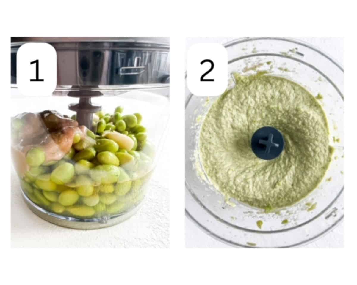 Two process shots, side by side. Edamame, tahini, lemon juice, garlic, water, and olive oil in an electric food chopper to the left. Edamame hummus in a food chopper to the right.