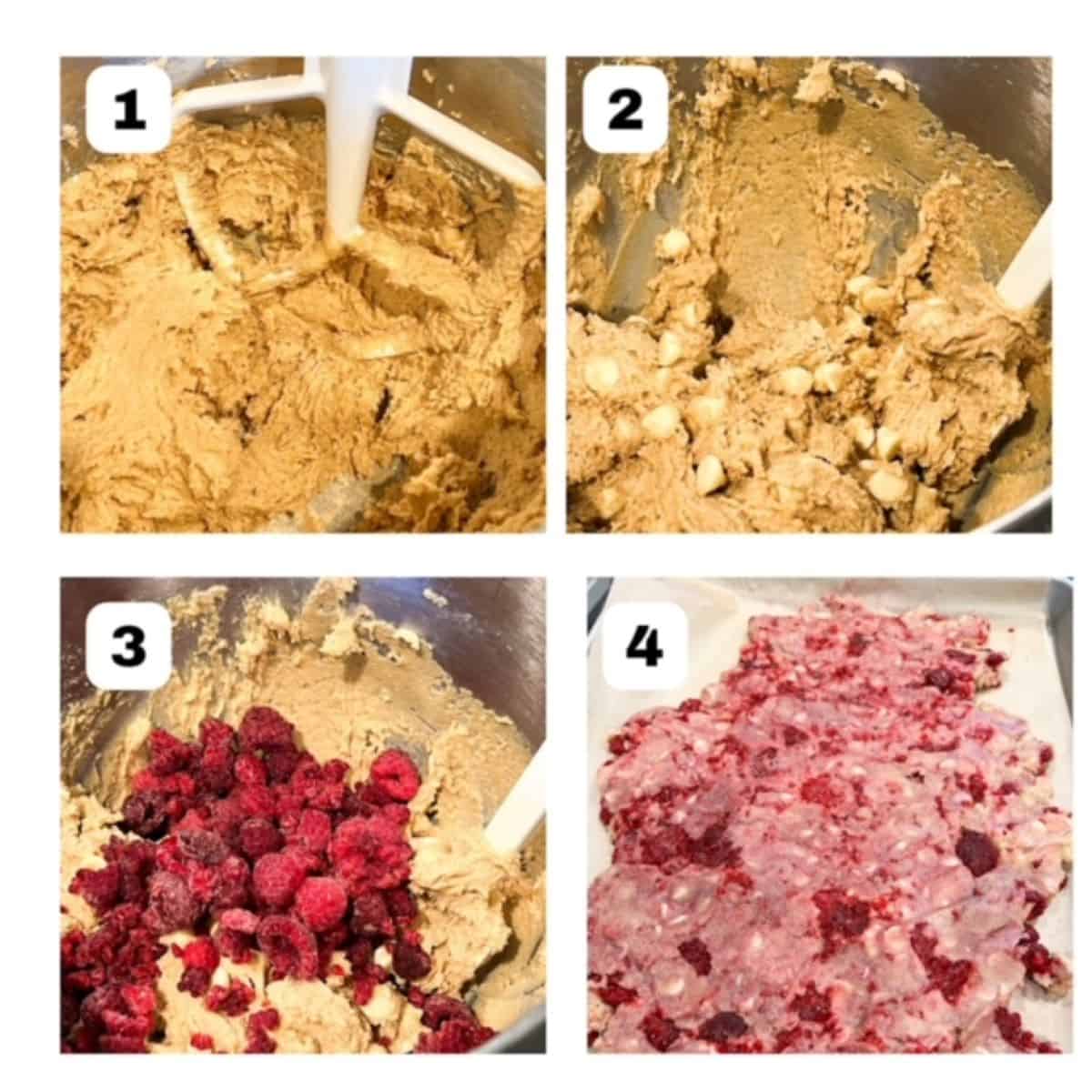 Four process shots showing steps to make Rasperry and White Chocolate Blondies.