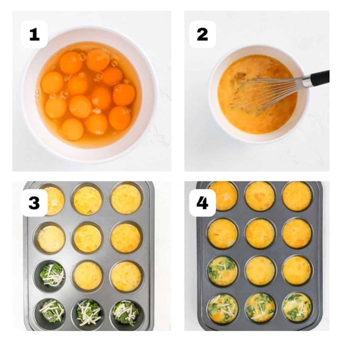 Four pictures showing steps on how to make baked eggs in a muffin tin.