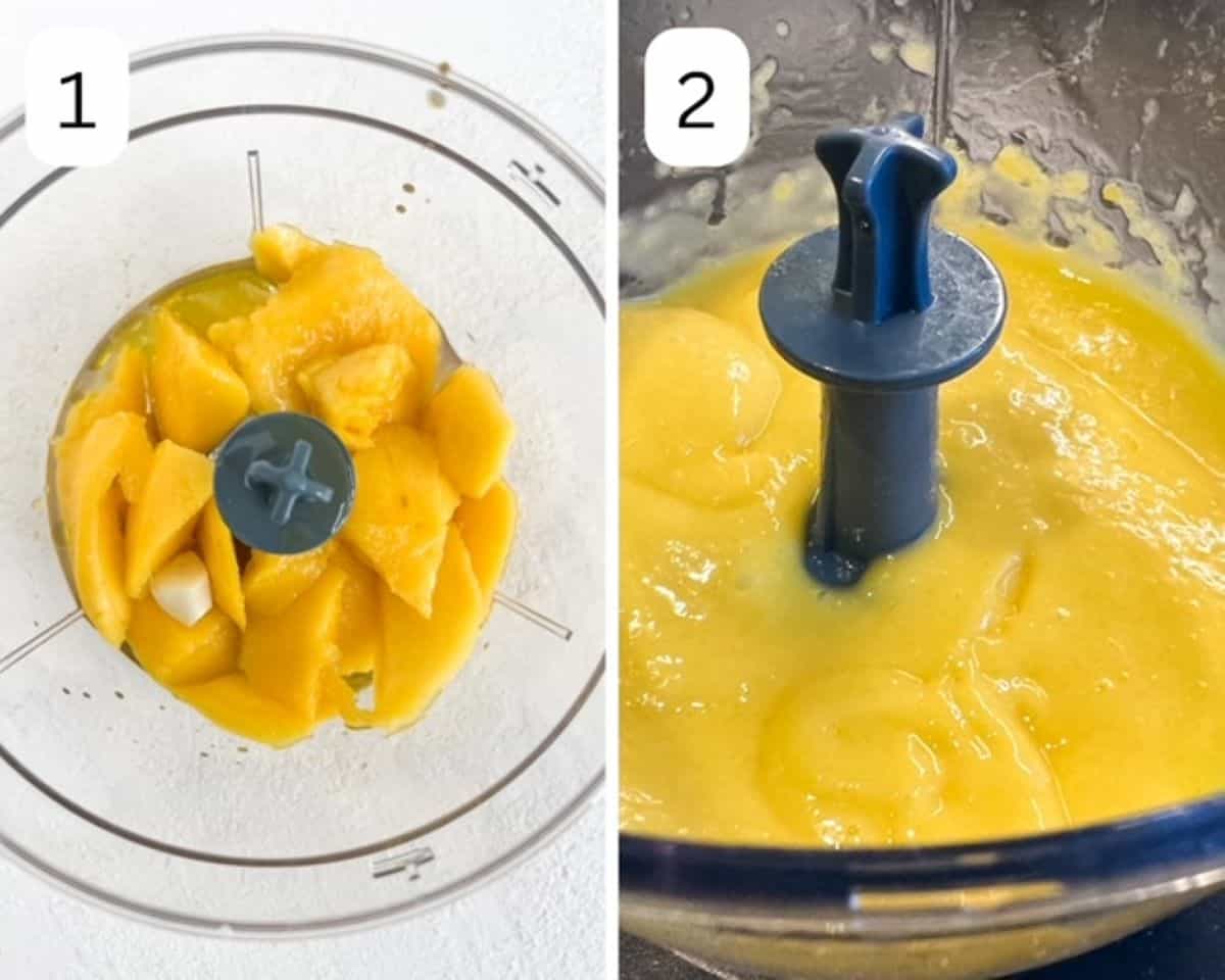 Two step-by-step photos showing how to make mango salad dressing.