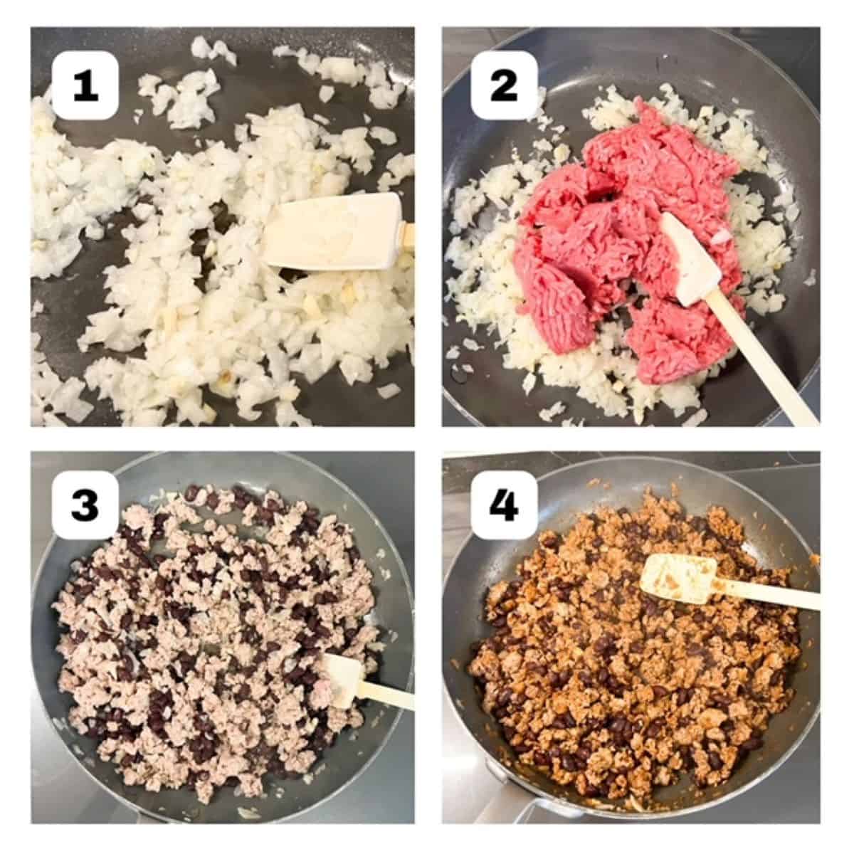 Four process shots showing steps to make ground turkey taco meat with black beans.