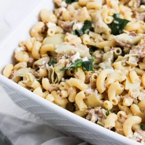 Pasta with Tuna meal in a square white 9x9 serving dish.