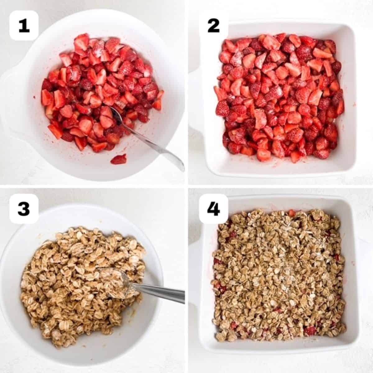Four process shots showing how to make strawberry crumble.