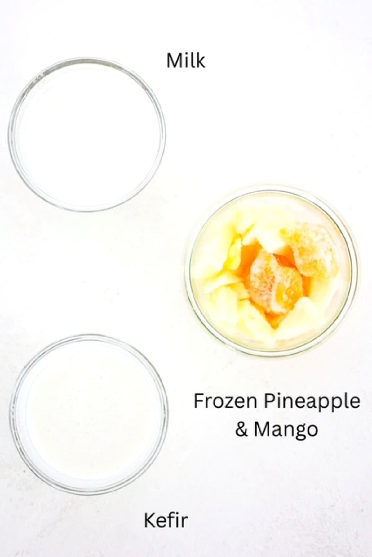 Mango Pineapple Smoothie ingredients, labeled.