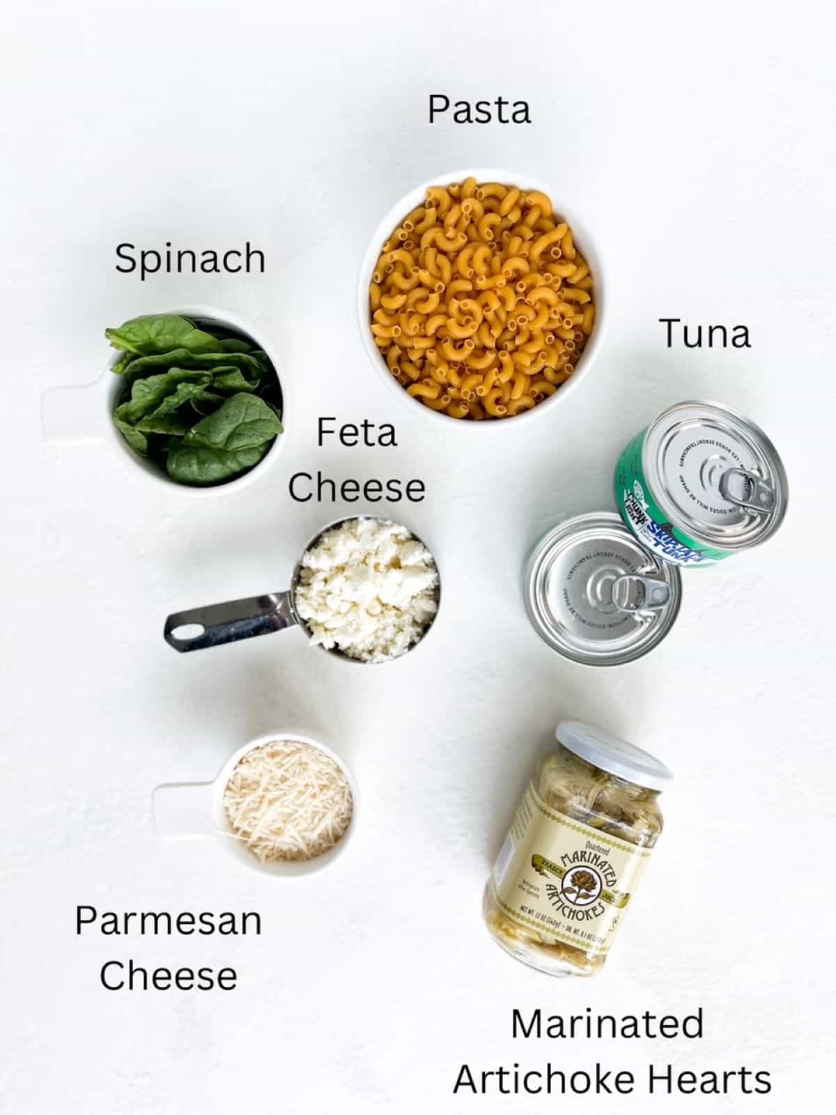 Ingredients for Pasta with Tuna recipe, labeled.