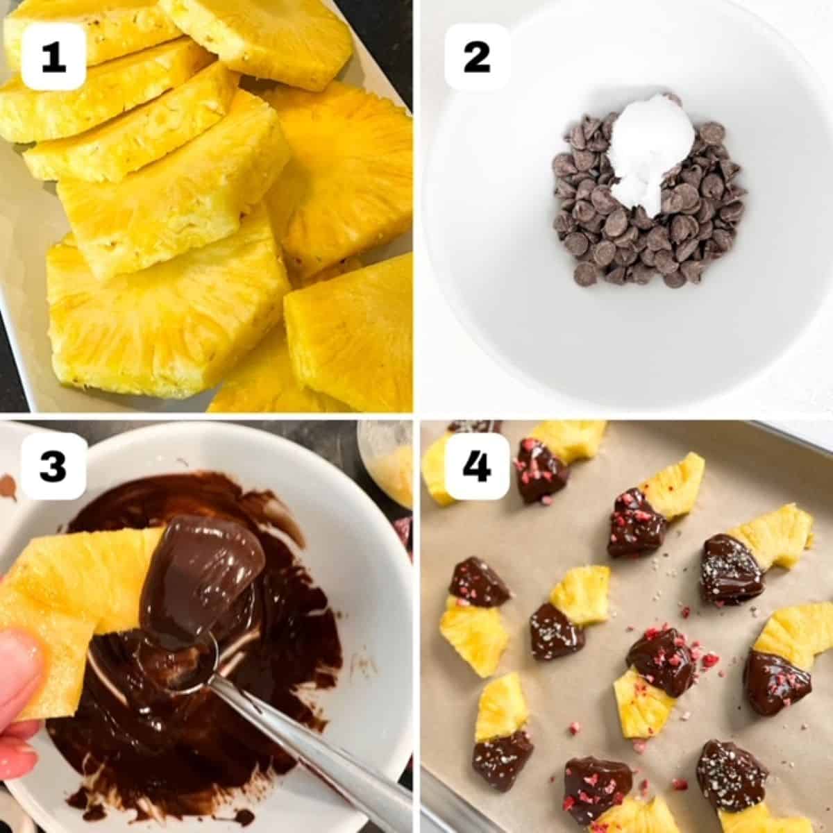 Four process images showing steps to make chocolate covered pineapple.