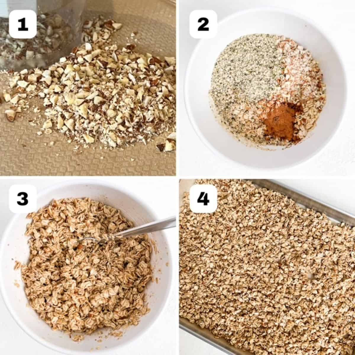 Four process shots showing how to make homemade granola.