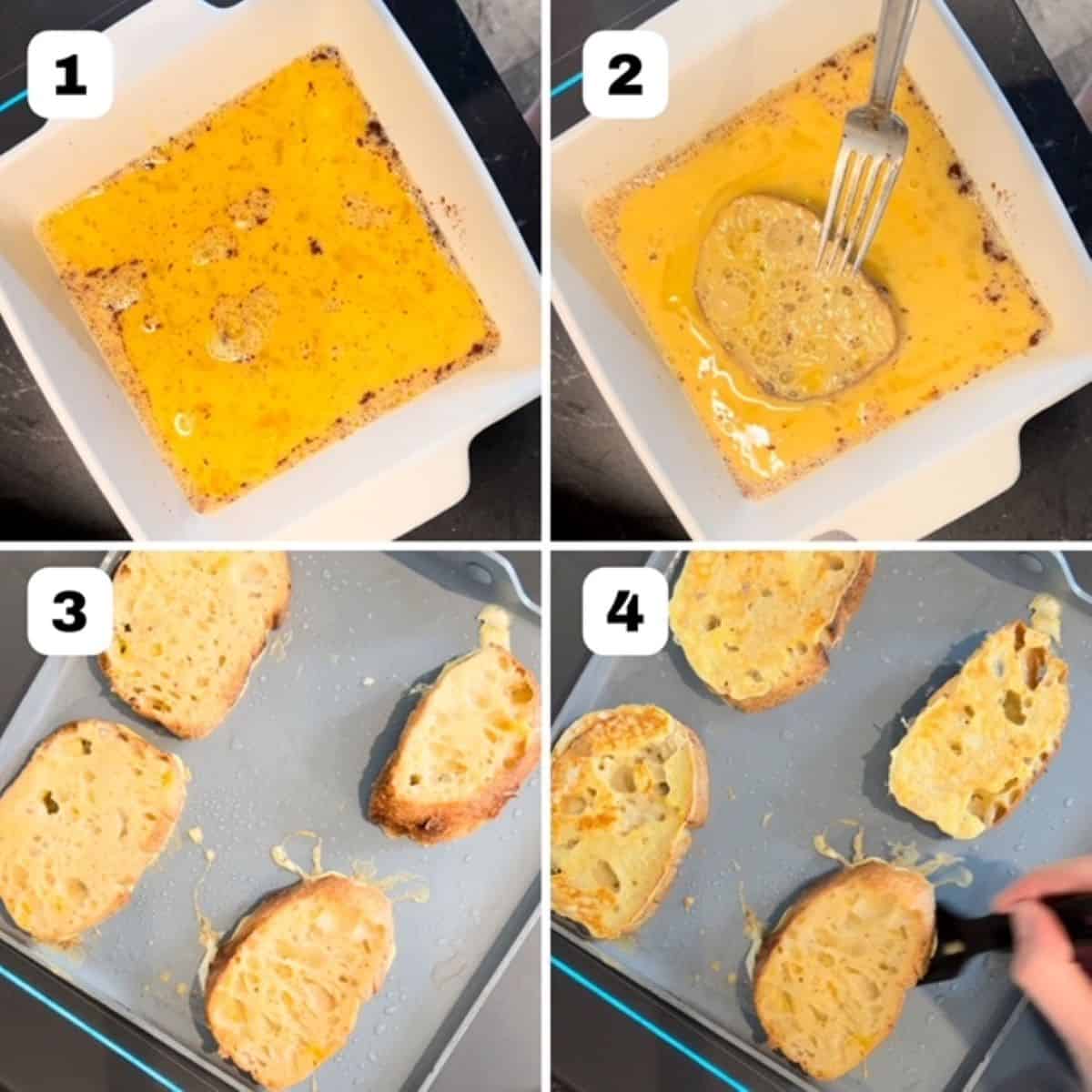 Four images showing steps on how to make French toast.