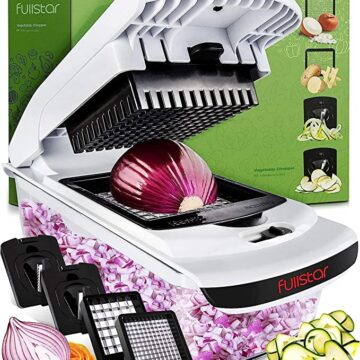 Fullstar Vegetable Chopper set with a red onion in the chopper as pictured on amazon.com.