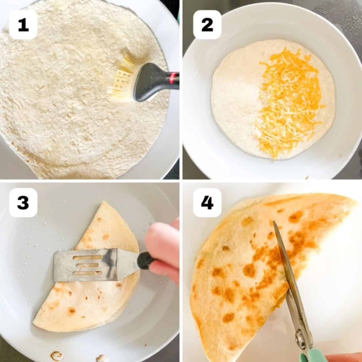 Four images showing steps to make a cheese quesadilla.