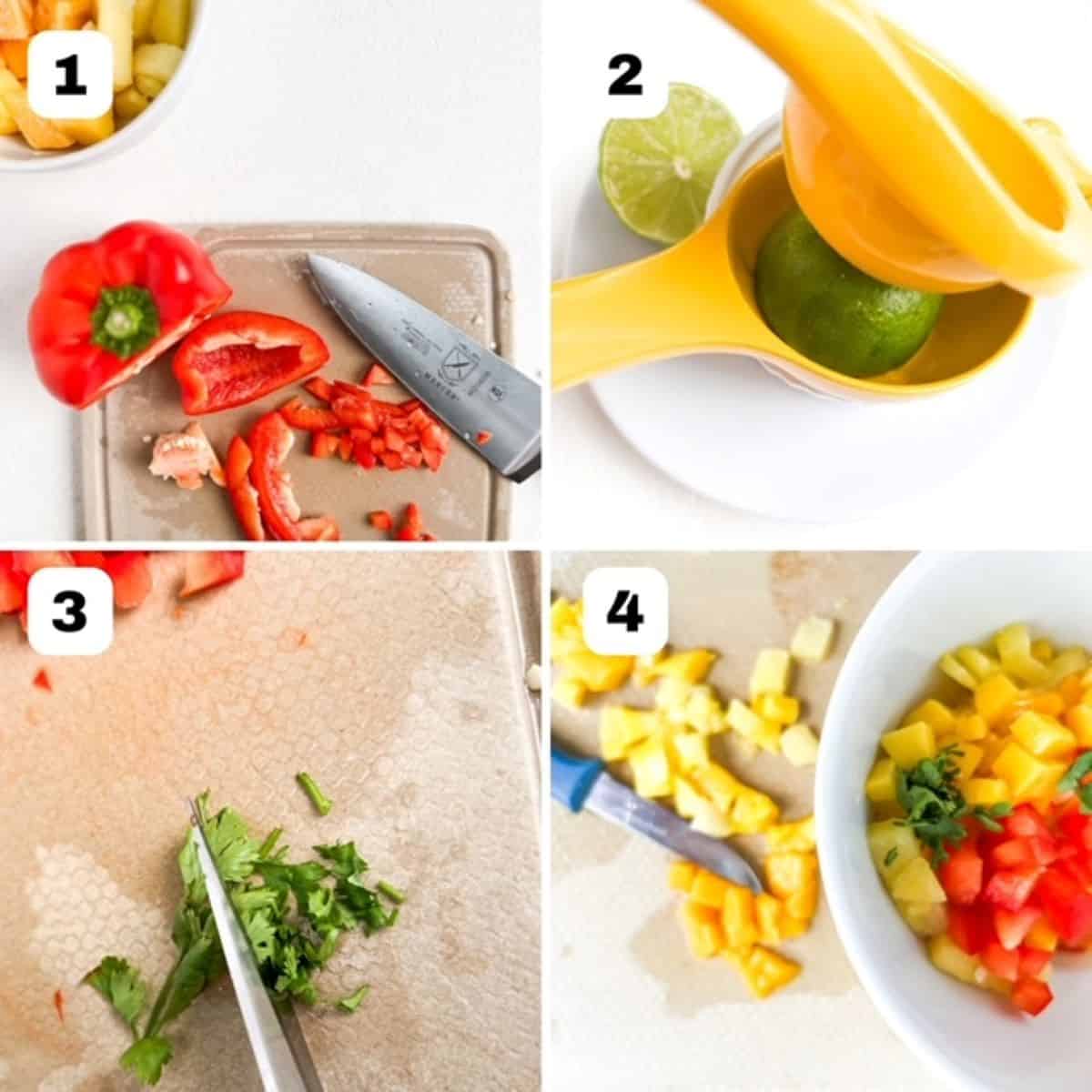 Four step-by-step photos showing how to make pineapple mango salsa.