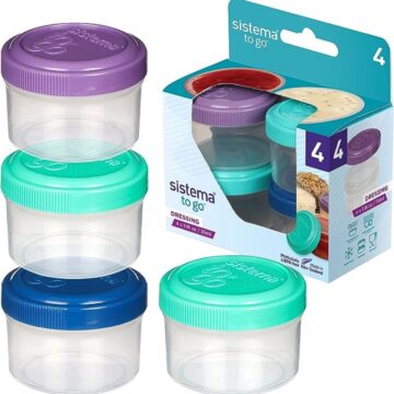 Mini plastic dip containers with screw top lids.