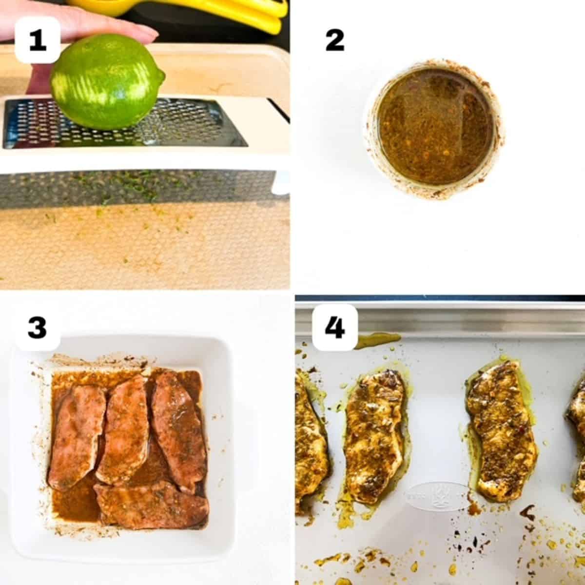 Four images showing how to make jerk lime marinated pork chops in the oven.