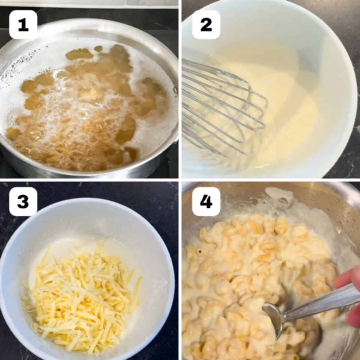 Four images showing how to make white cheddar mac and cheese.