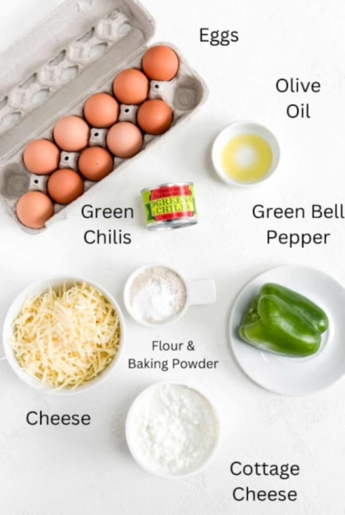 Ingredients to make an egg casserole with green chiles, labeled.