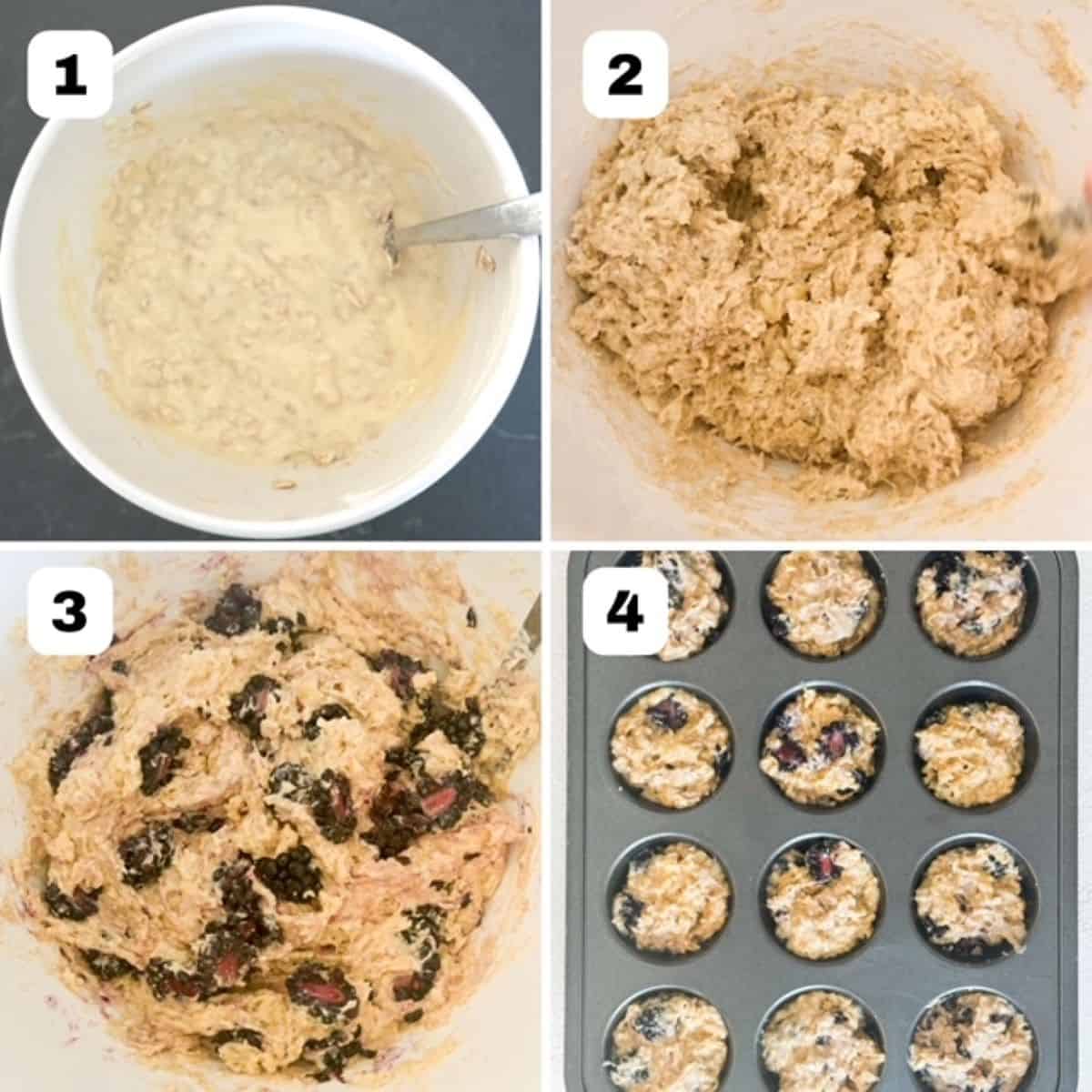 Four numbered images showing steps on how to make Blackberry Banana Oatmeal Muffins.
